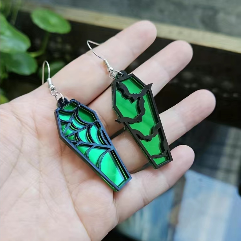 Coffin And Bats Earrings Halloween Green Acrylic Spider Web